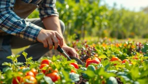 Gardening expert nurturing vibrant vegetable plants in a sunny garden setting.