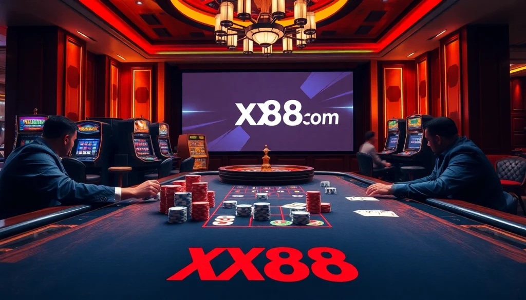 High-stakes poker action at xx88 com with luxury decor and vibrant casino ambiance.