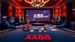 High-stakes poker action at xx88 com with luxury decor and vibrant casino ambiance.