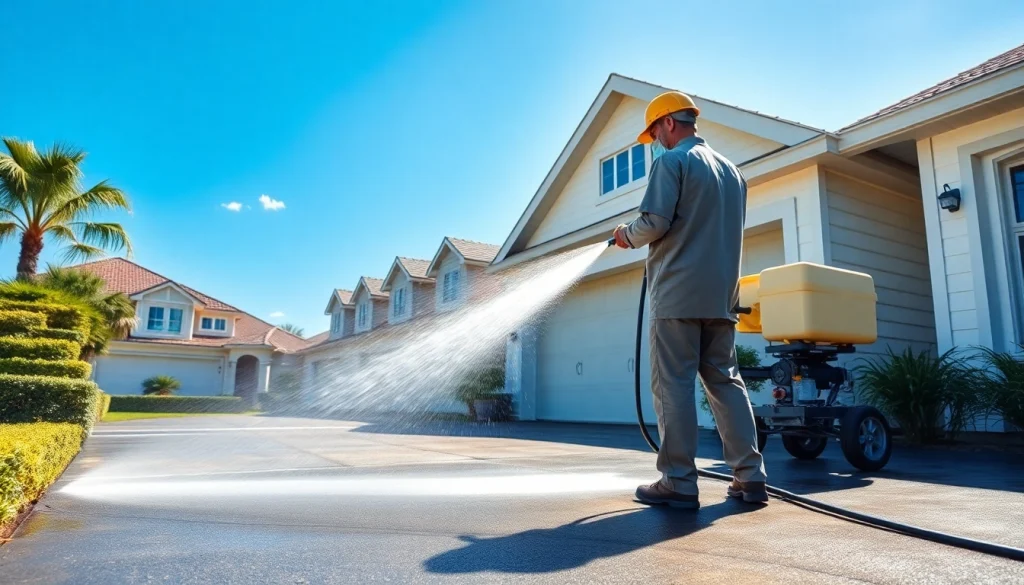 Pressure wash service revitalizing a driveway in Kissimmee, FL