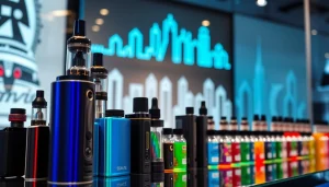 Showcase of vape products Dubai including colorful e-liquids and sleek devices in a modern setting.
