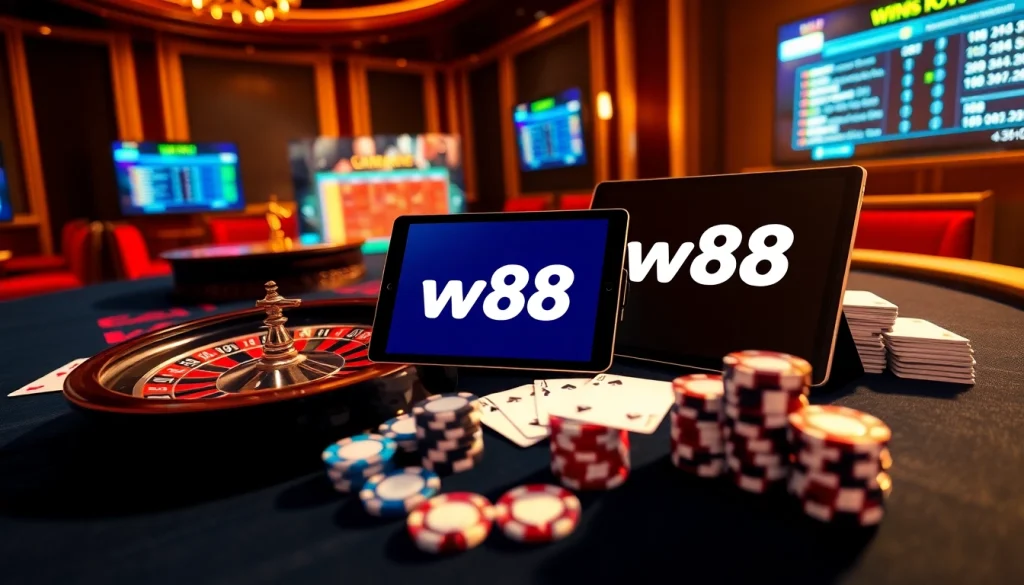 Trải nghiệm liên kết w88 đầy thú vị trong một casino trực tuyến sôi động với những chip poker và lá bài nổi bật.