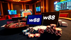 Trải nghiệm liên kết w88 đầy thú vị trong một casino trực tuyến sôi động với những chip poker và lá bài nổi bật.