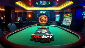 9Dbet players enjoying an exhilarating game at a vibrant casino table with cards and chips.