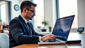 Analyze the hotforex mt4 platform in a modern office, demonstrating professional trading activities.