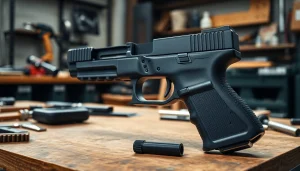 Assembled pf940v2 Glock 17 frame kit with detailed components on a workshop bench.