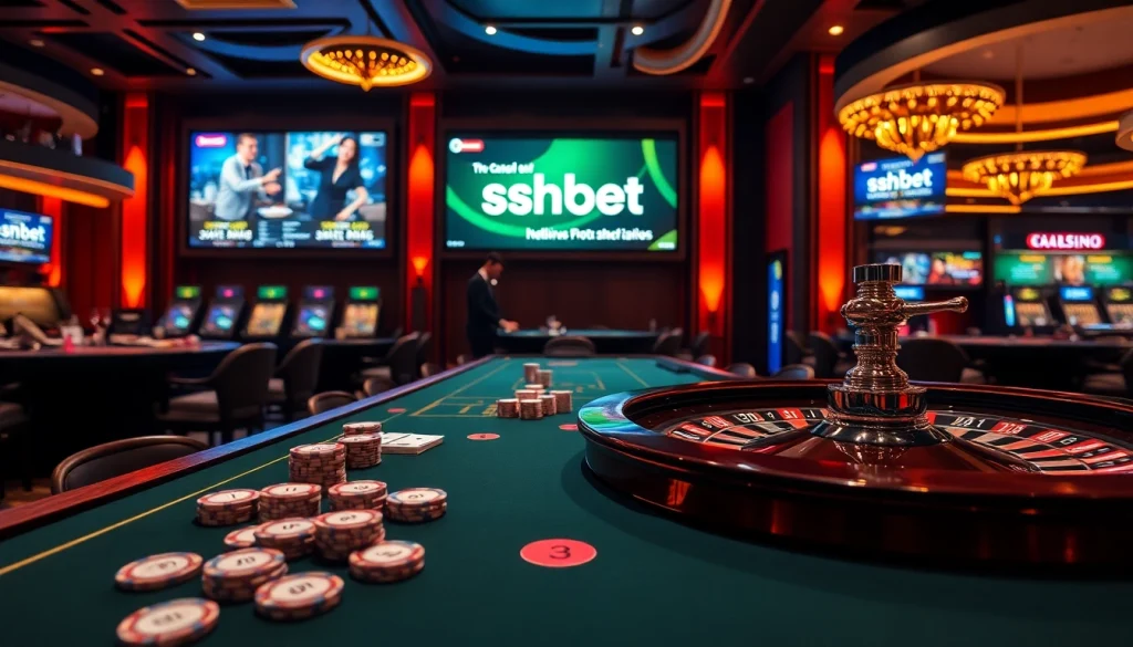Experience thrilling gameplay at https://sshbet.io/ with vibrant casino tables, cards, and roulette wheels.
