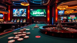 Experience thrilling gameplay at https://sshbet.io/ with vibrant casino tables, cards, and roulette wheels.