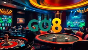 Experience the thrill of gambling with GO8 at a luxurious casino featuring vibrant gaming tables.