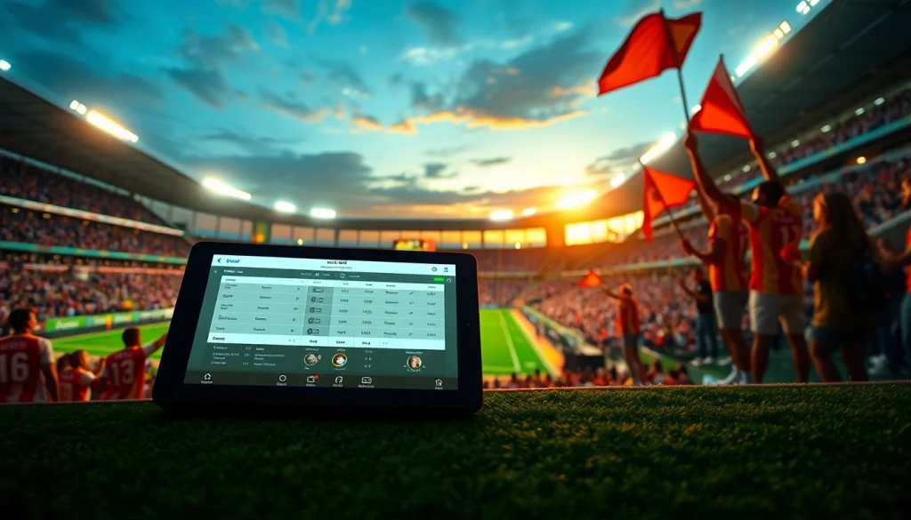 Menggambarkan bandar bola dengan suasana stadion yang ramai dan penggemar bersemangat.