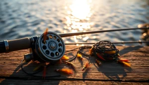 Showcase of Fly fishing combo gear on a wooden surface near a scenic river backdrop.