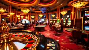 Players enjoying their time at Hi88 Com with roulette, poker, and slot machines in a vibrant casino atmosphere.