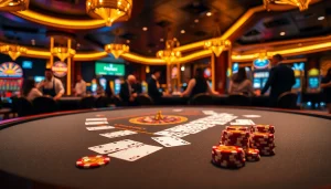 Experience the excitement of f8bet in a luxurious casino environment featuring poker and roulette tables.