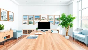 Engaging real estate office featuring vibrant decor and inviting atmosphere for buyers.