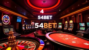 Experience the excitement of 54BET in a vibrant casino atmosphere with roulette, cards, and slot machines.
