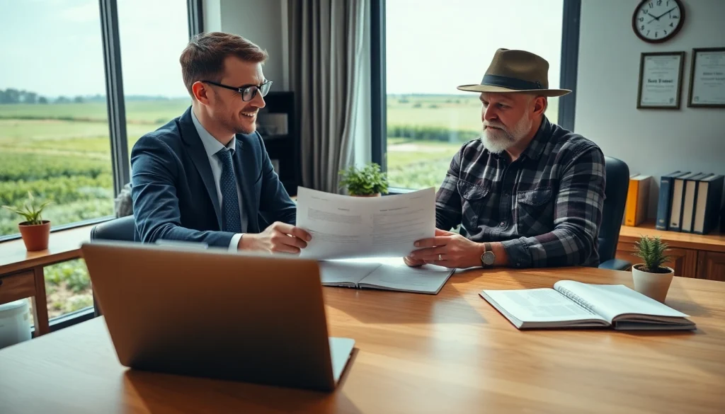 Agriculture lawyer consulting with a farmer, showcasing legal expertise and agricultural knowledge.