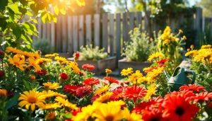 Engaging Gardening scene filled with colorful flowers and greenery, inviting home garden atmosphere.
