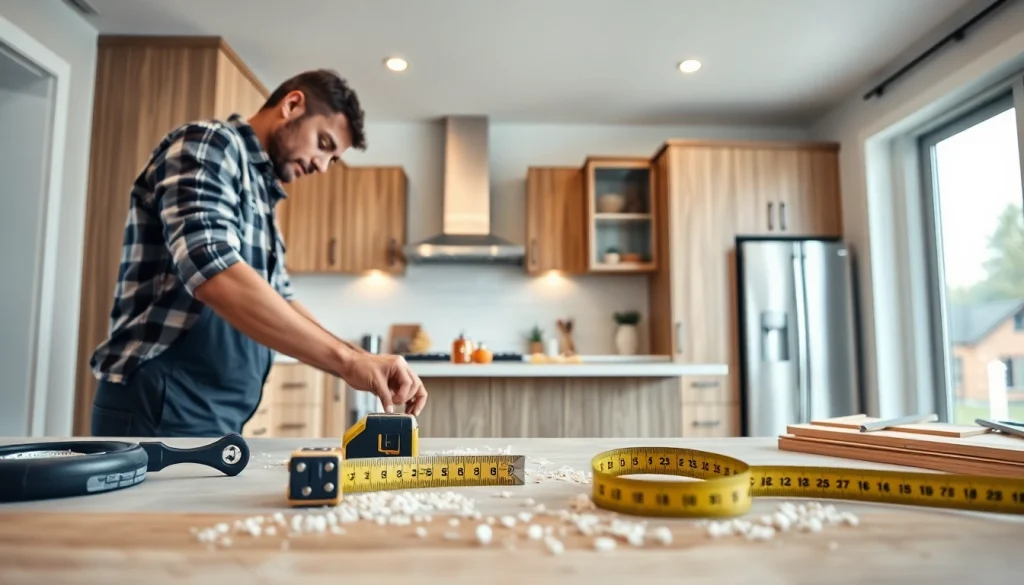 Home renovation expert meticulously installing cabinets in a modern kitchen setting