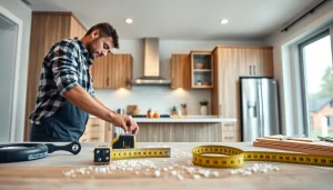 Home renovation expert meticulously installing cabinets in a modern kitchen setting