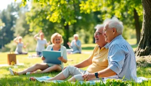 Engaging retirees enjoying a vibrant picnic at https://frontidas.com in a sunlit park.