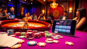 Babu88 gaming table scene with colorful poker chips and players enjoying their bets.