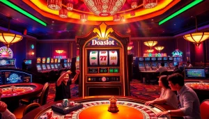 Players enjoying the Doaslot machine in a vibrant casino ambiance filled with excitement.