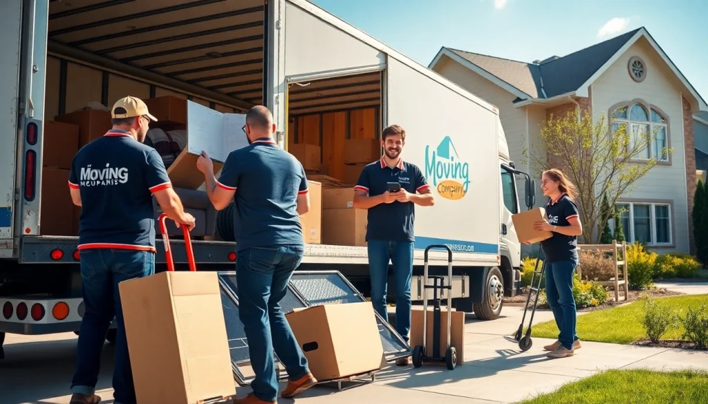Moving Company team loading furniture into a truck on a sunny day.