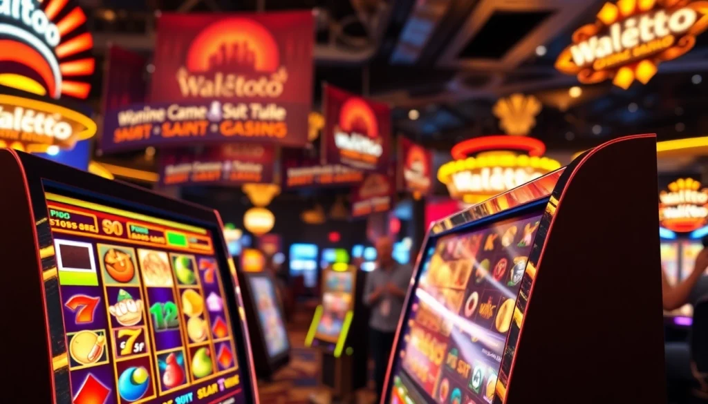 Menangkan permainan slot di walettoto dengan suasana kasino yang penuh warna.