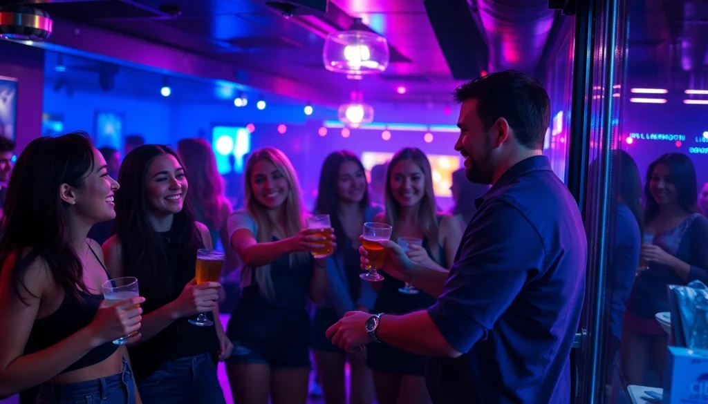 Scene of friends enjoying nightlife with Club21 fake IDs at a lively bar.