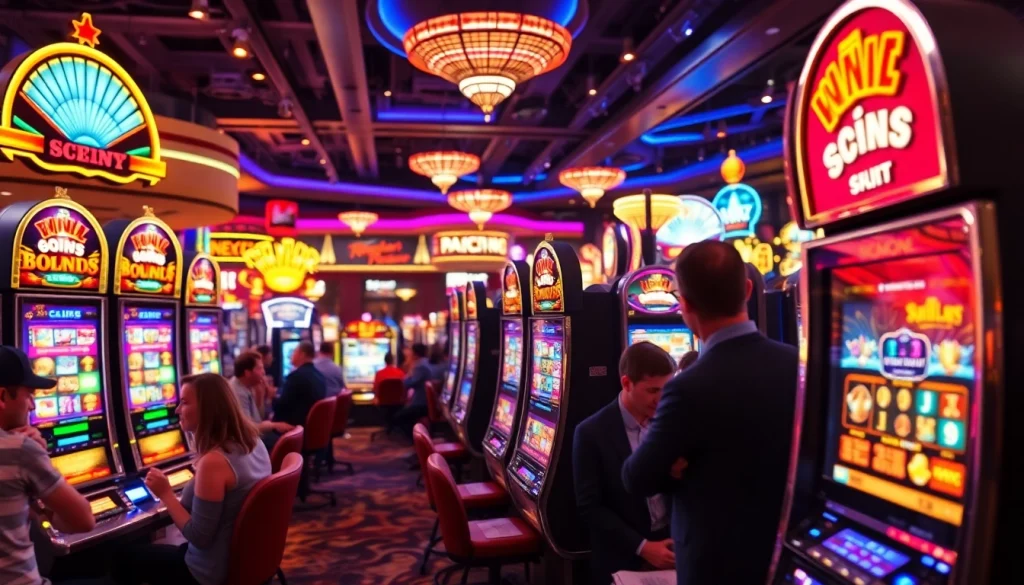 Menampilkan slot depo 5k dalam suasana kasino yang meriah dengan pemain yang terlibat dalam permainan.