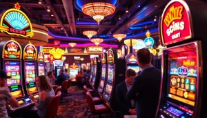 Menampilkan slot depo 5k dalam suasana kasino yang meriah dengan pemain yang terlibat dalam permainan.