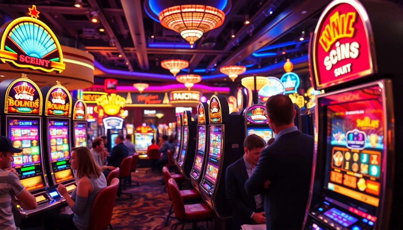 Menampilkan slot depo 5k dalam suasana kasino yang meriah dengan pemain yang terlibat dalam permainan.