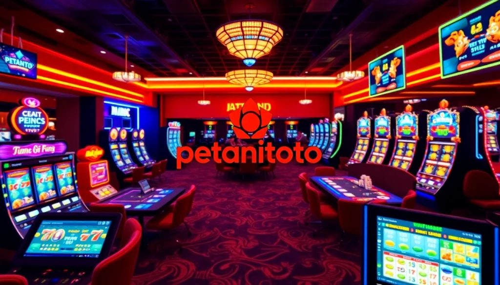 Menampilkan pengalaman permainan online petanitoto dengan mesin slot dan pemain yang berpartisipasi.