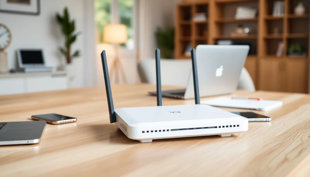 Showcasing the best vpn router in a modern home office, highlighting sleek design and tech integration.