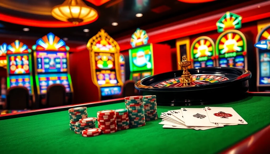Experience the thrill of playing games at jun888 with vibrant casino tables and exciting slot machines.