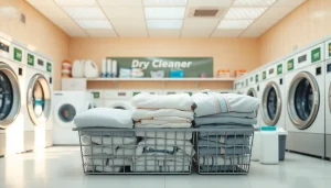 Find premium laundry service near me with neatly arranged and clean clothes in a modern laundromat.