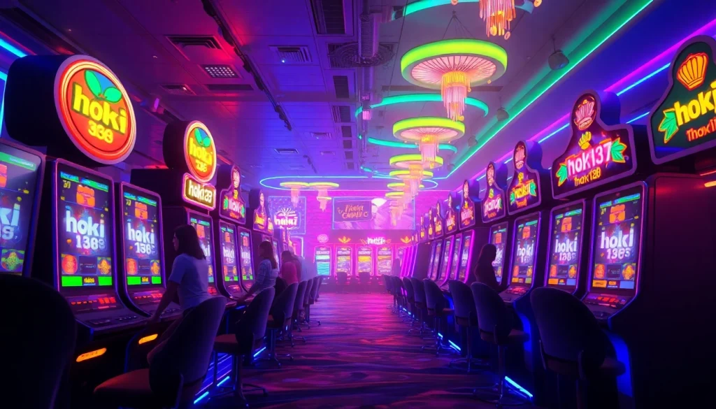 Experience the thrill of hoki138 with vibrant slot machines, players, and neon lights in a lively casino setting.