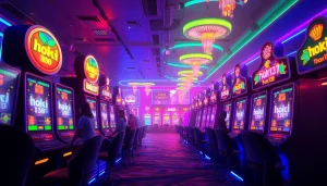 Experience the thrill of hoki138 with vibrant slot machines, players, and neon lights in a lively casino setting.