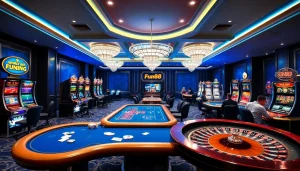 Engaging in thrilling games at Fun88 casino with vibrant slot machines and poker tables.