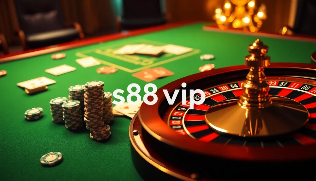 S88vip offers a luxurious online casino experience with poker chips, cards, and a roulette wheel.