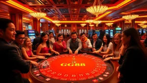 GG88 gaming table with enthusiastic players, showcasing luxury and excitement in a casino setting.