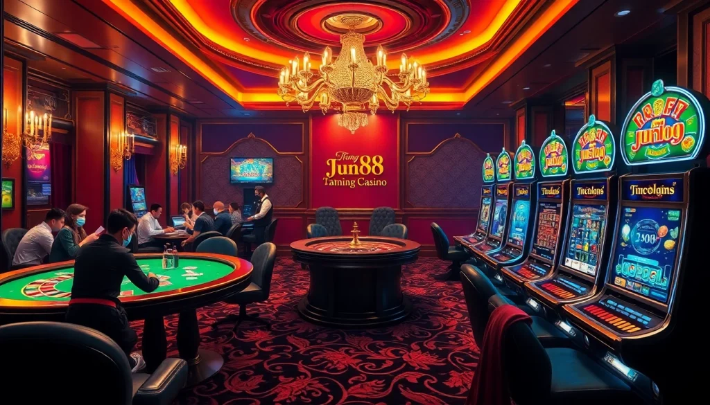 Casino atmosphere showcasing Trang Chủ Jun88 with lively gaming tables, poker chips, and a roulette wheel.