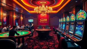Casino atmosphere showcasing Trang Chủ Jun88 with lively gaming tables, poker chips, and a roulette wheel.