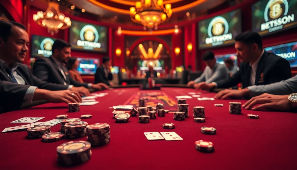 Betsson players strategizing in an exciting poker game at a luxurious casino table.