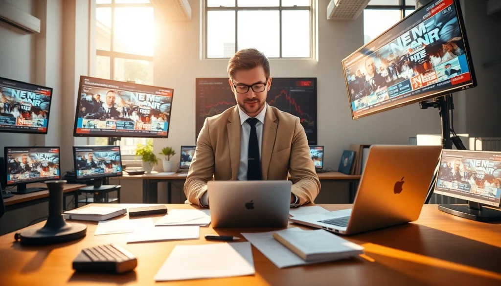 Report latest updates efficiently at https://saudiwadi.com with a journalist in a vibrant news office.