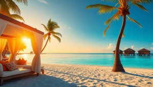 Luxury travel destinations featuring a serene tropical beach at sunset with plush lounge chairs and elegant cabanas.