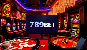 A dynamic online gambling scene featuring nhà cái 789BET with poker tables, roulette wheels, and vibrant slot machines.