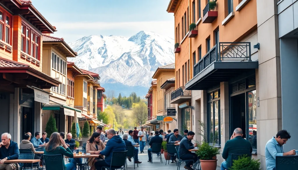 Experience Almaty through vibrant streets at https://albmaftoh.com with locals enjoying coffee.