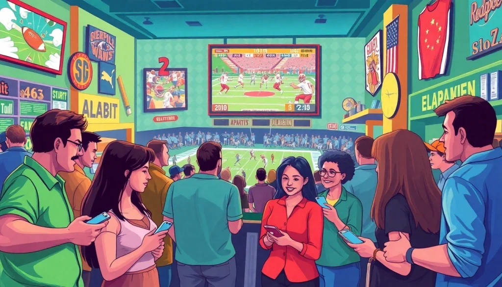 Engaging scene of sports betting in Alabama with enthusiastic fans in a lively environment.