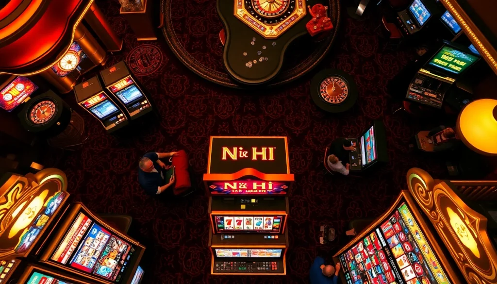 Nổ Hũ players engaging with vibrant slot machines in an exciting casino atmosphere.